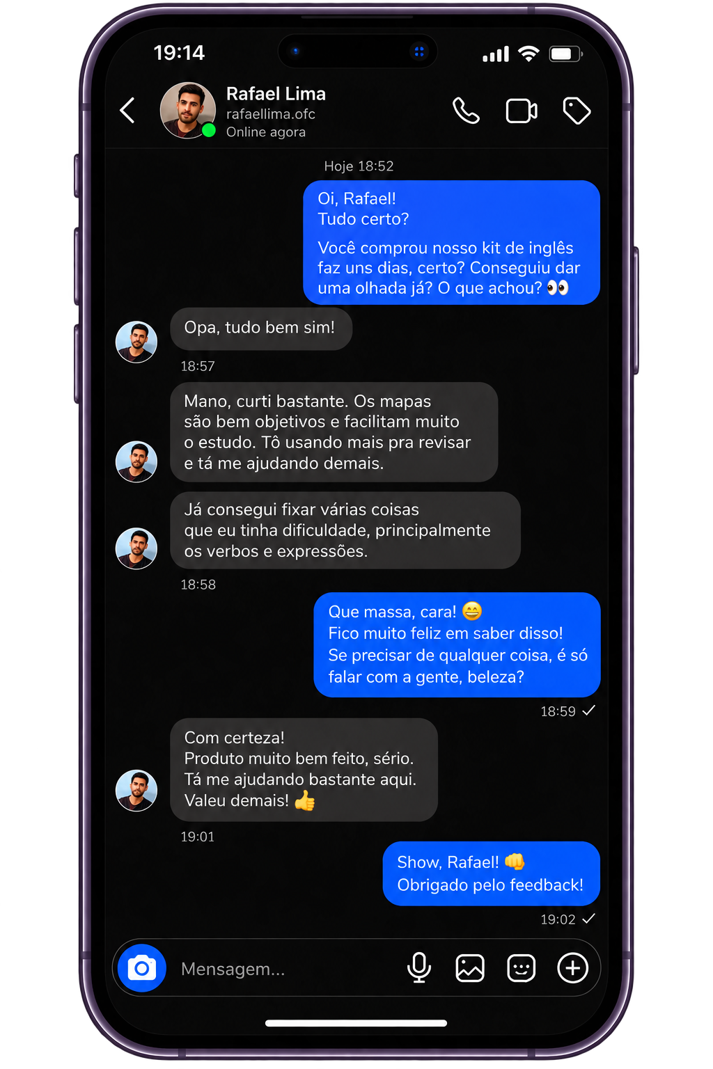 Print de conversa com o feedback de Rafael Lima sobre os mapas mentais