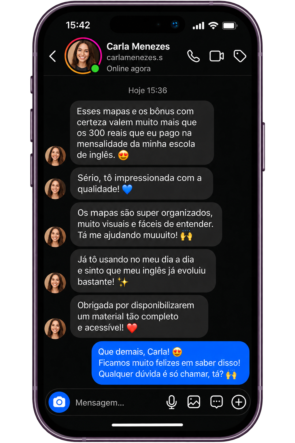 Print de conversa com o feedback de Carla Menezes sobre os mapas mentais
