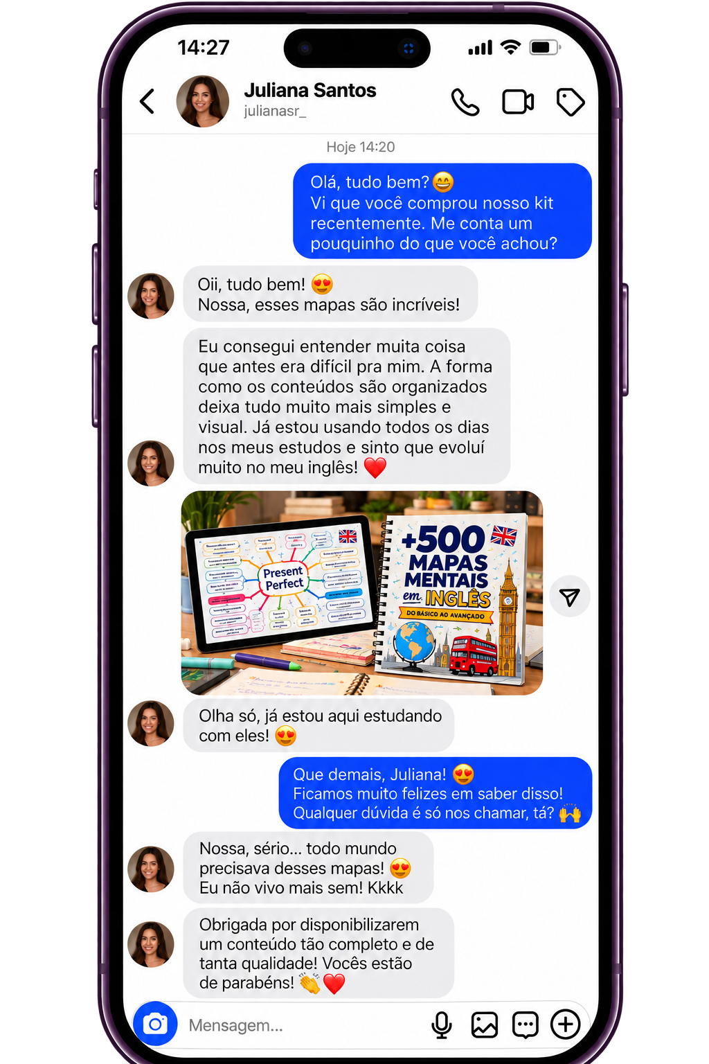 Print de conversa com o feedback de Juliana Santos sobre os mapas mentais