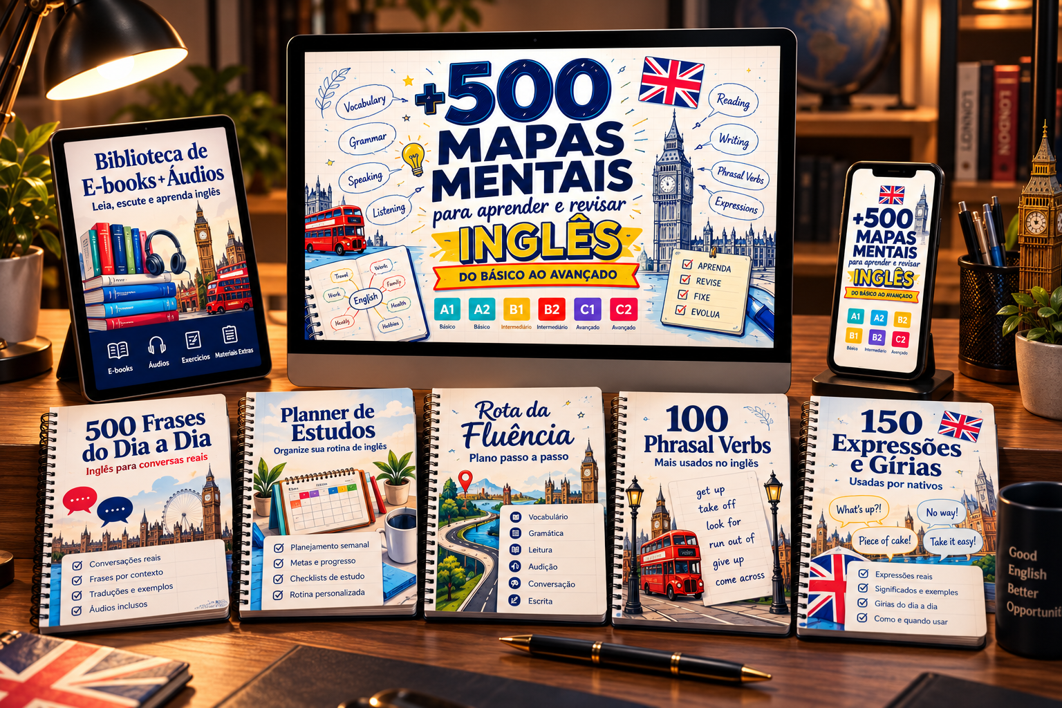 Kit completo de inglês com mais de 500 mapas mentais e capas dos bônus